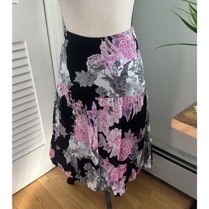 Vintage ABRIA Womens Skirt Large Black Pink Floral 90s Grunge Romantic Summer